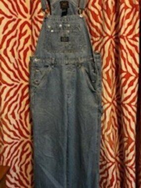 Bib Denim Overalls, front kangaroo pocket, side pockets, adjustable straps.